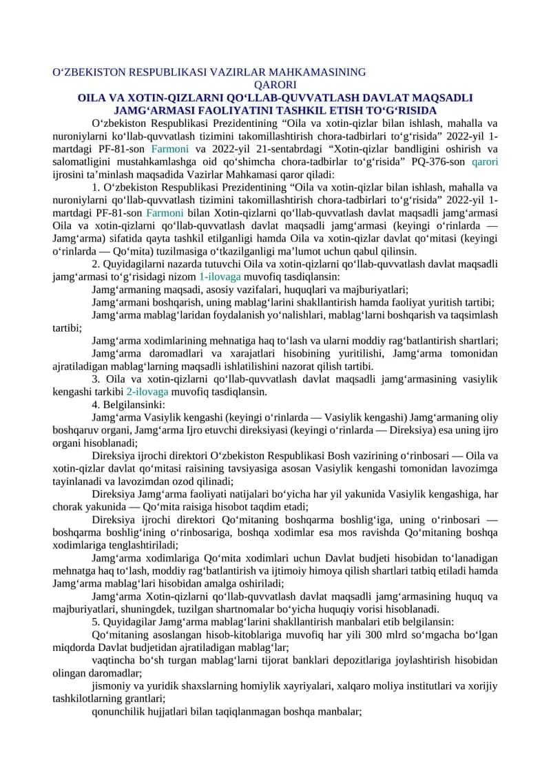 OILA VA XOTIN-QIZLARNI QO‘LLAB-QUVVATLASH DAVLAT MAQSADLI JAMG‘ARMASI FAOLIYATINI TASHKIL ETISH TO‘G‘RISIDA 1