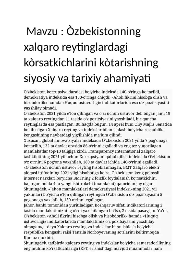 Òzbekistonning xalqaro reytinglardagi kòrsatkichlarini kòtarishning siyosiy va tarixiy ahamiyati 1