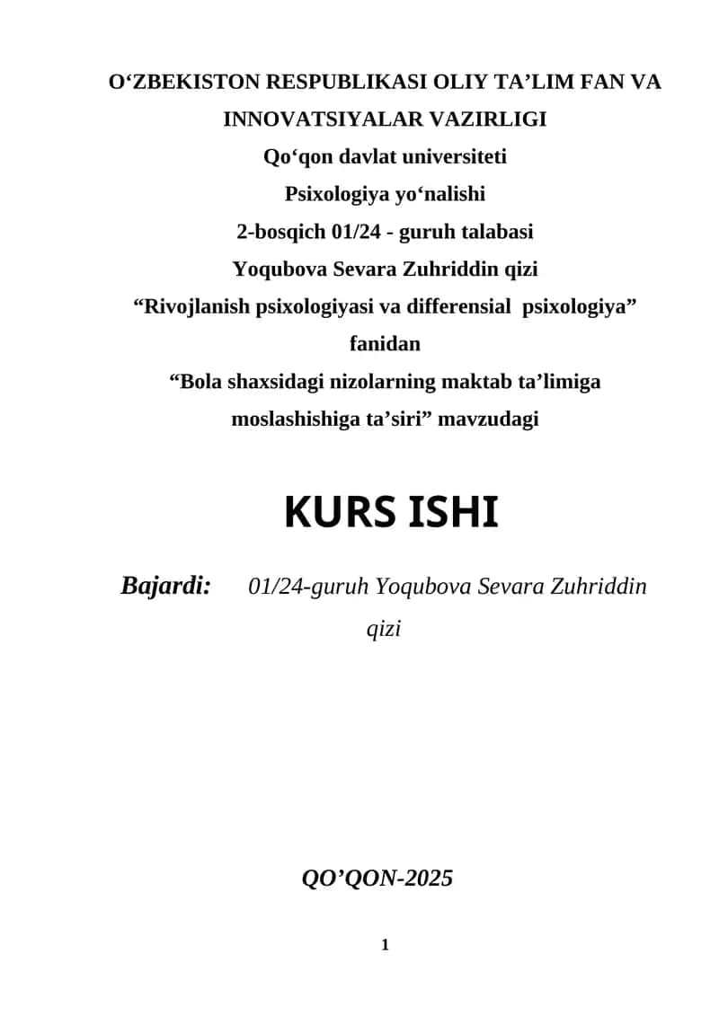 Bola shaxsidagi nizolarning maktab ta’limiga moslashishiga ta’siri 1