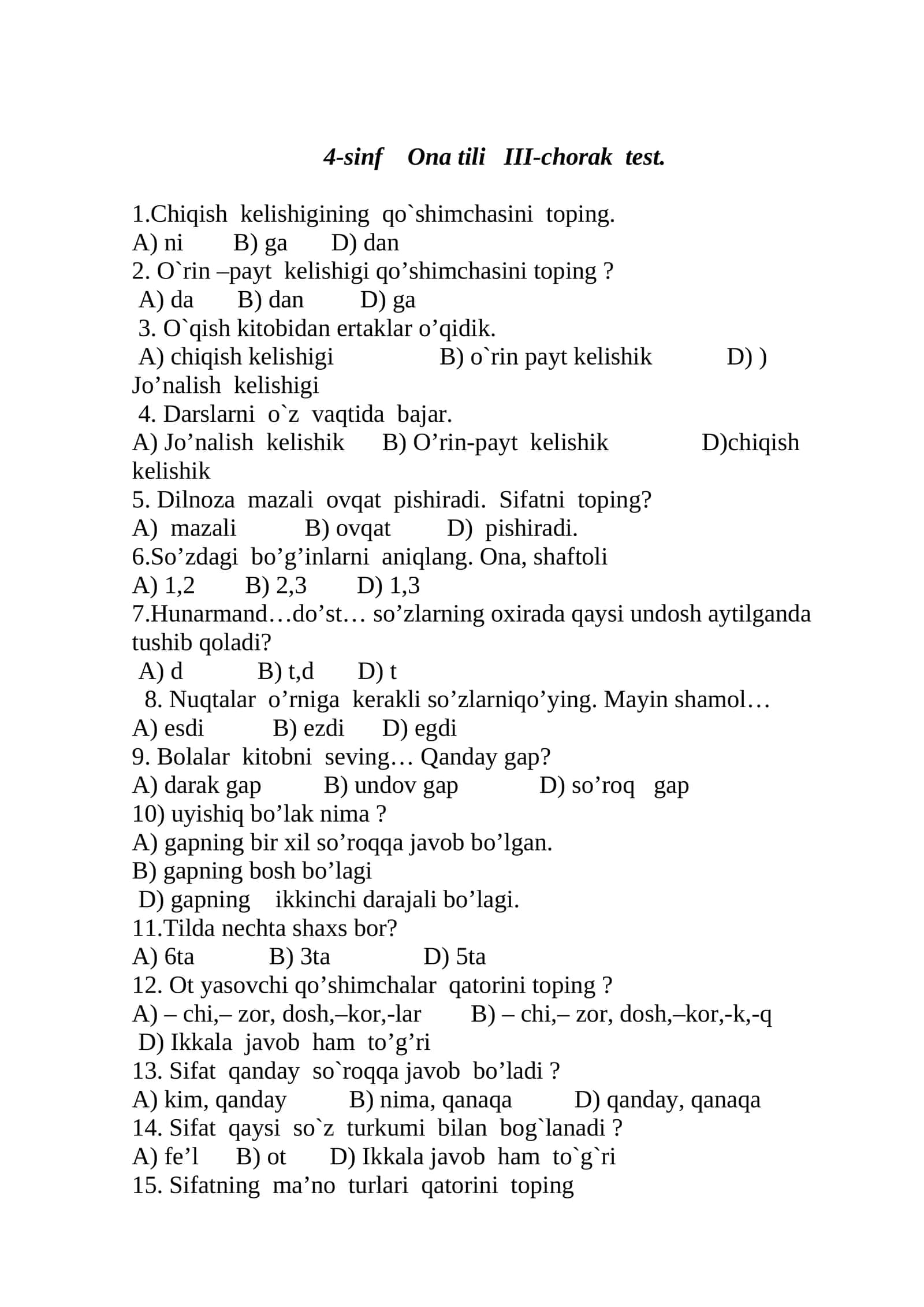 4-sinf Ona tili III-chorak test 1