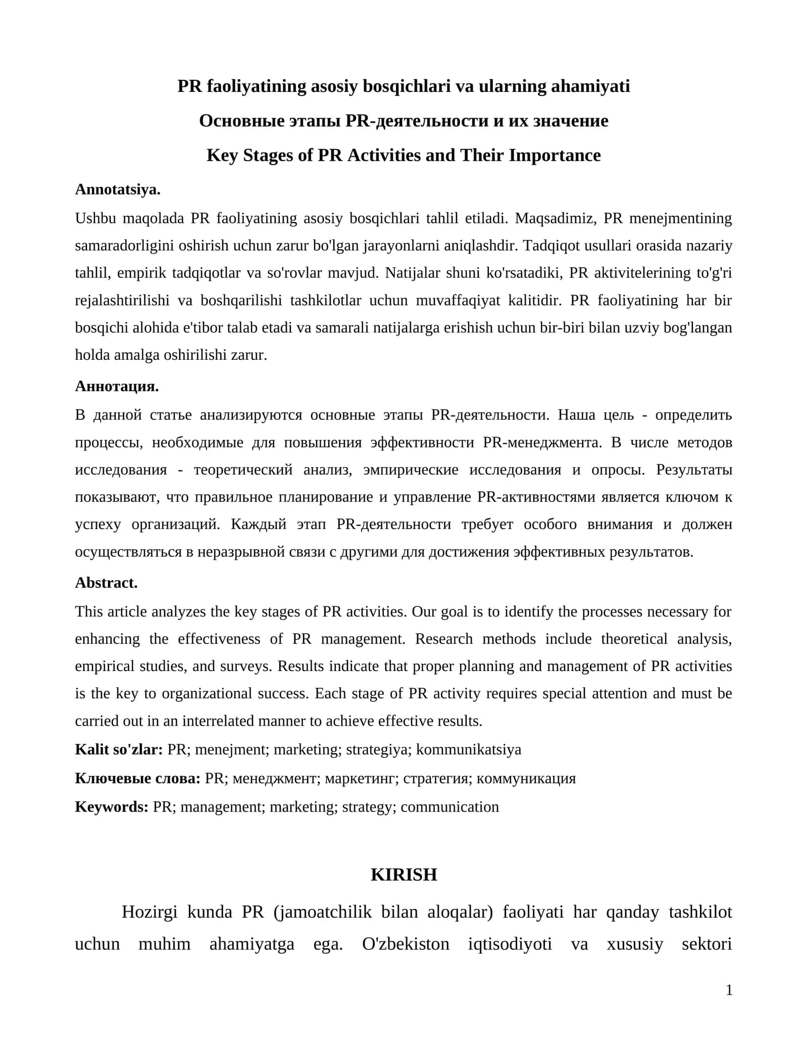 PR faoliyatining asosiy bosqichlari va ularning ahamiyati 1