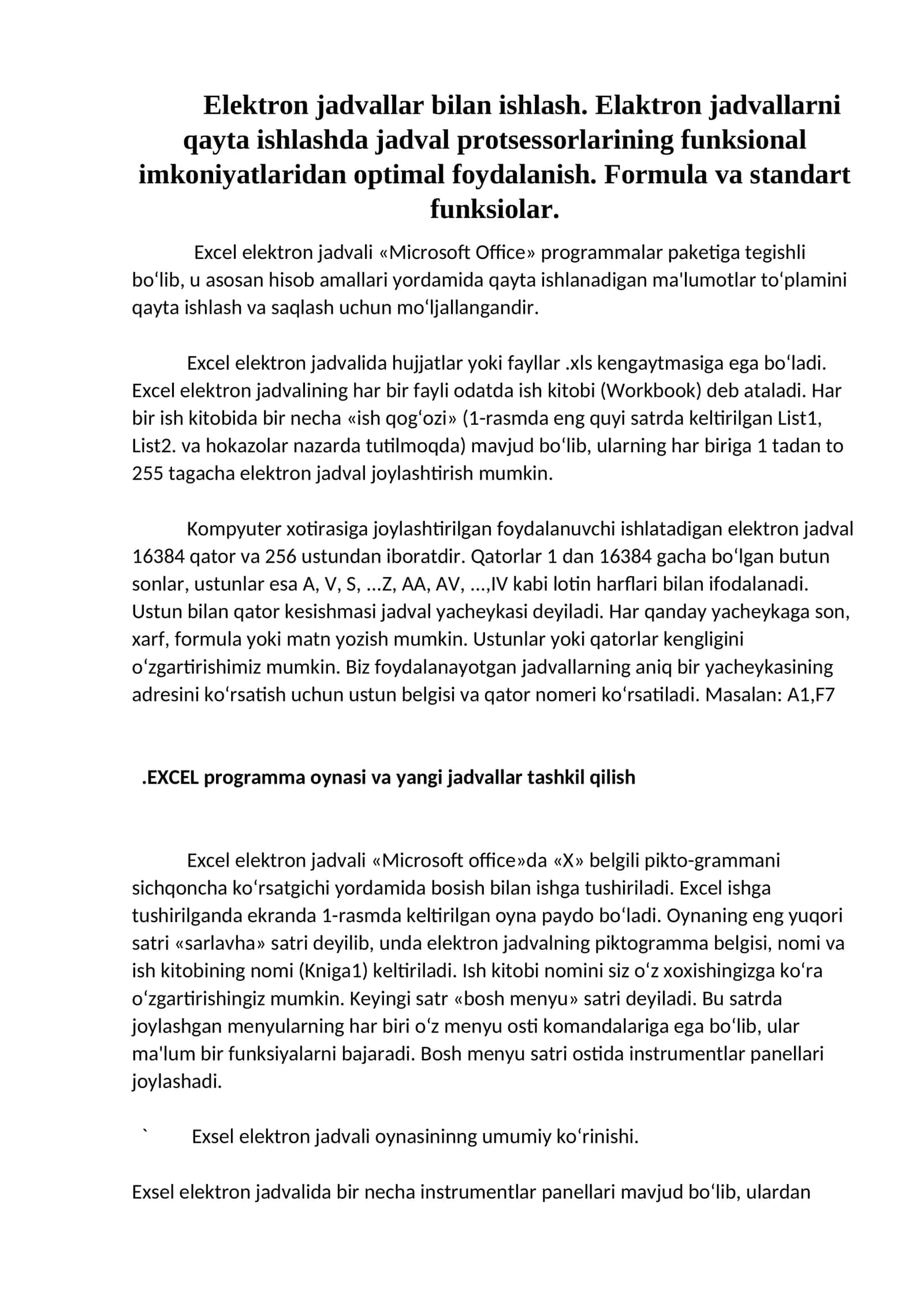 Excel elеktron jadvali 1