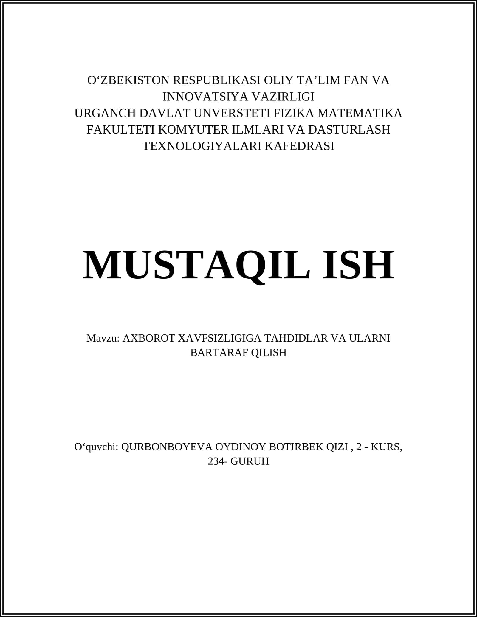 AXBOROT XAVFSIZLIGIGA TAHDIDLAR VA ULARNI BARTARAF QILISH 1