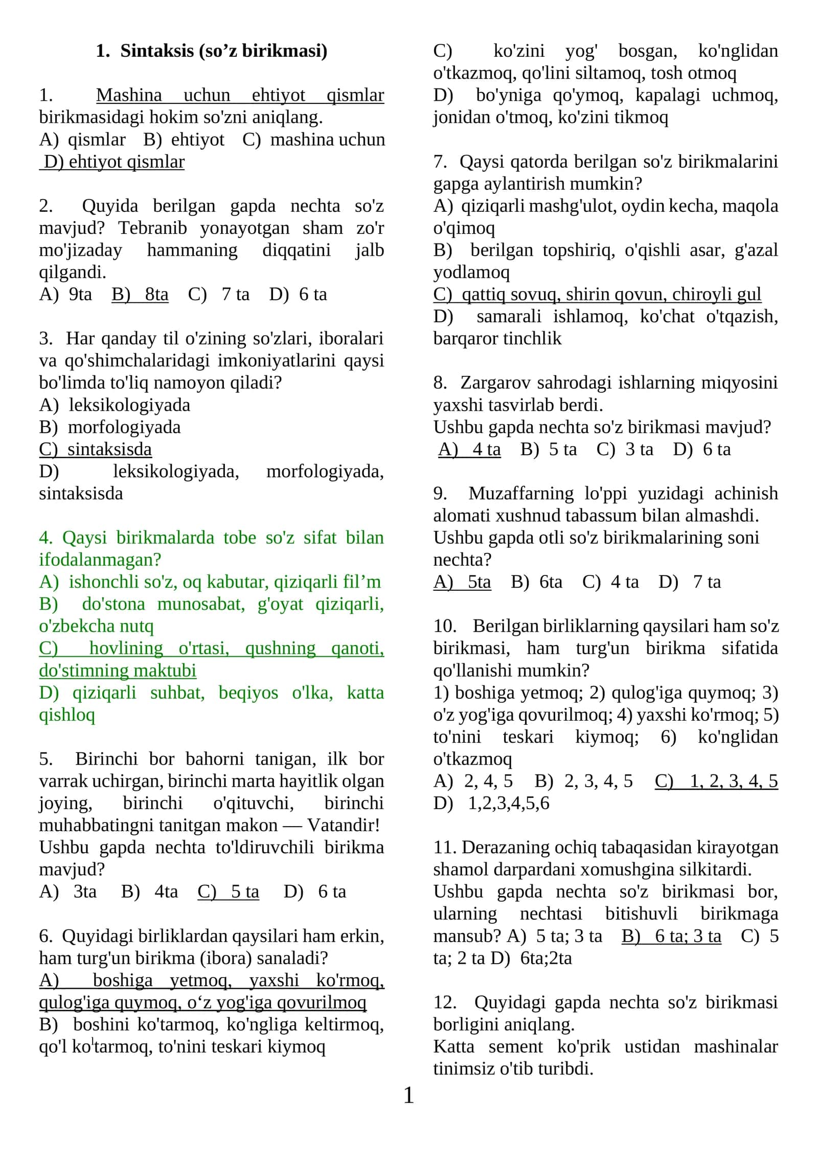 So'z birikmasi, gap bo'laklari testlar 1