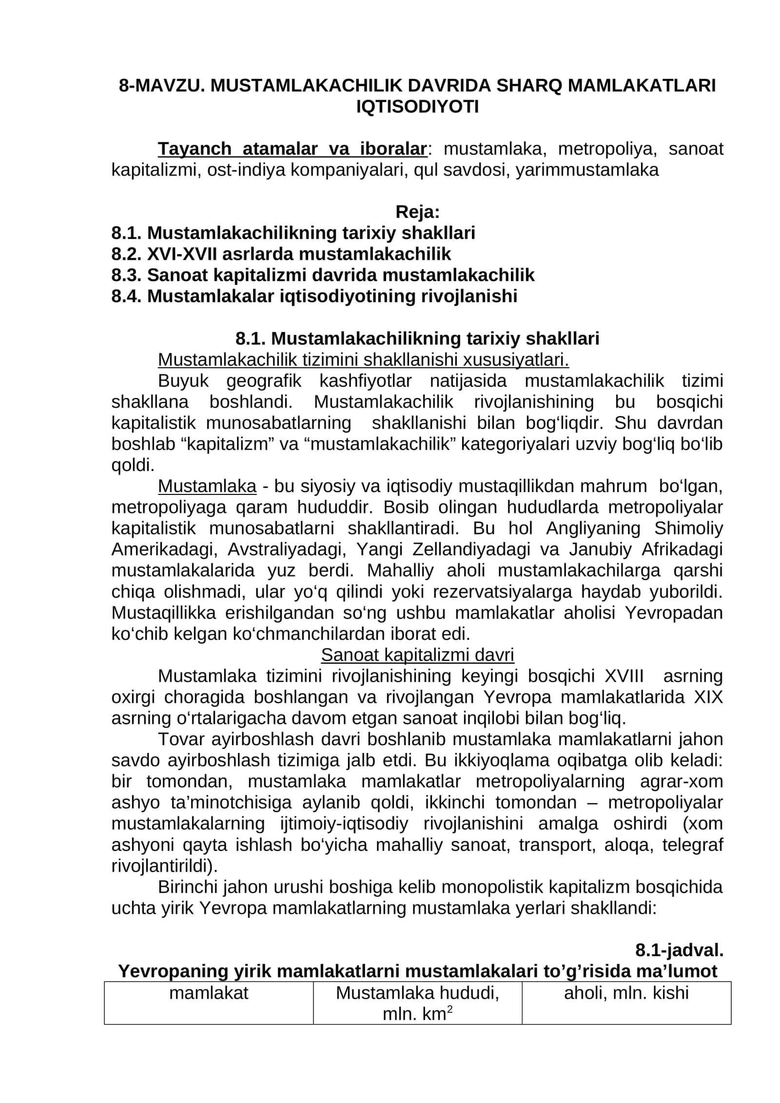 MUSTAMLAKACHILIK DAVRIDA SHARQ MAMLAKATLARI IQTISODIYOTI 1