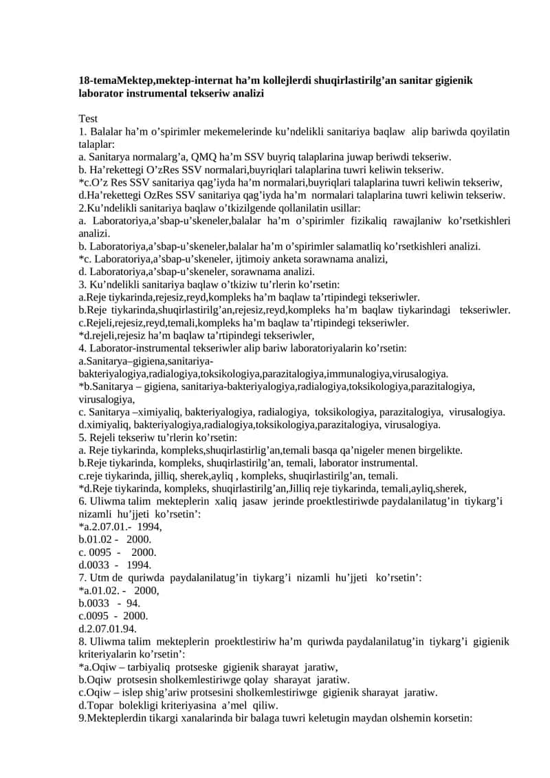 18-temaMektep,mektep-internat ha’m kollejlerdi shuqirlastirilg’an sanitar gigienik laborator instrumental tekseriw analizi 1