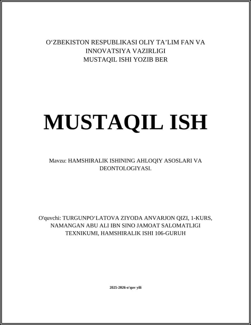 HAMSHIRALIK ISHINING AHLOQIY ASOSLARI VA DEONTOLOGIYASI 1