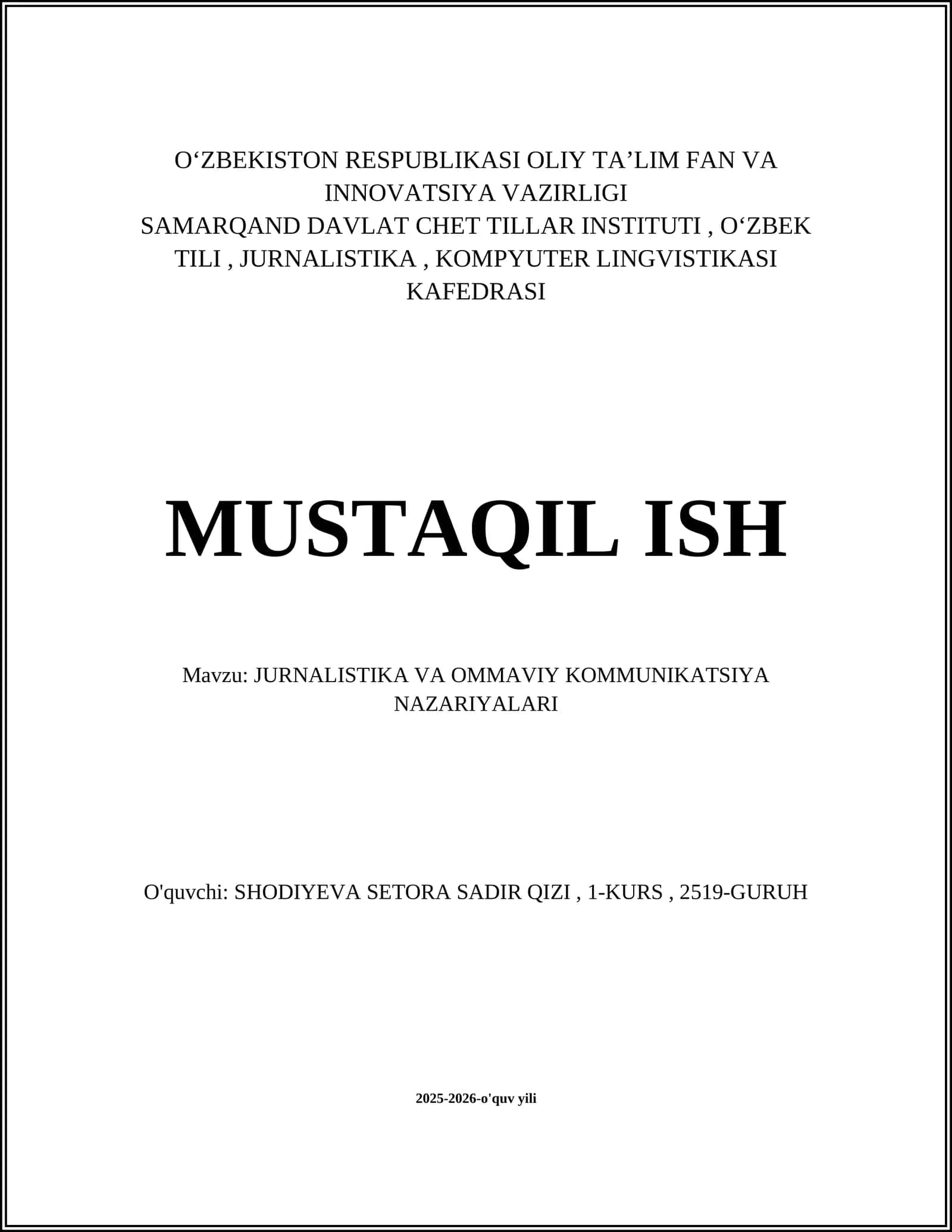 Jurnalistika va Ommaviy Kommunikatsiya Nazariyalari 1