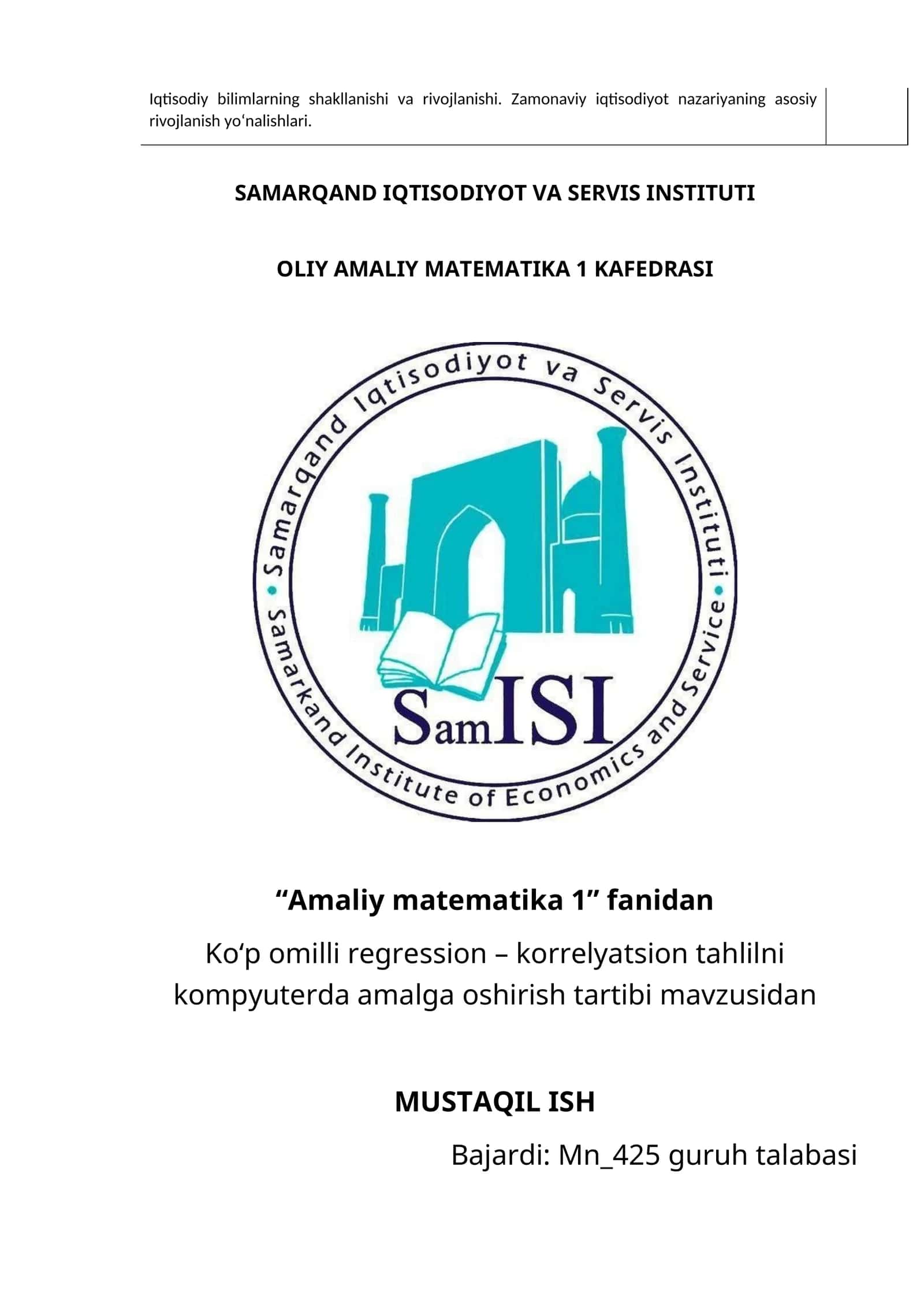 Ko‘p omilli regression – korrelyatsion tahlilni kompyuterda amalga oshirish tartibi 1