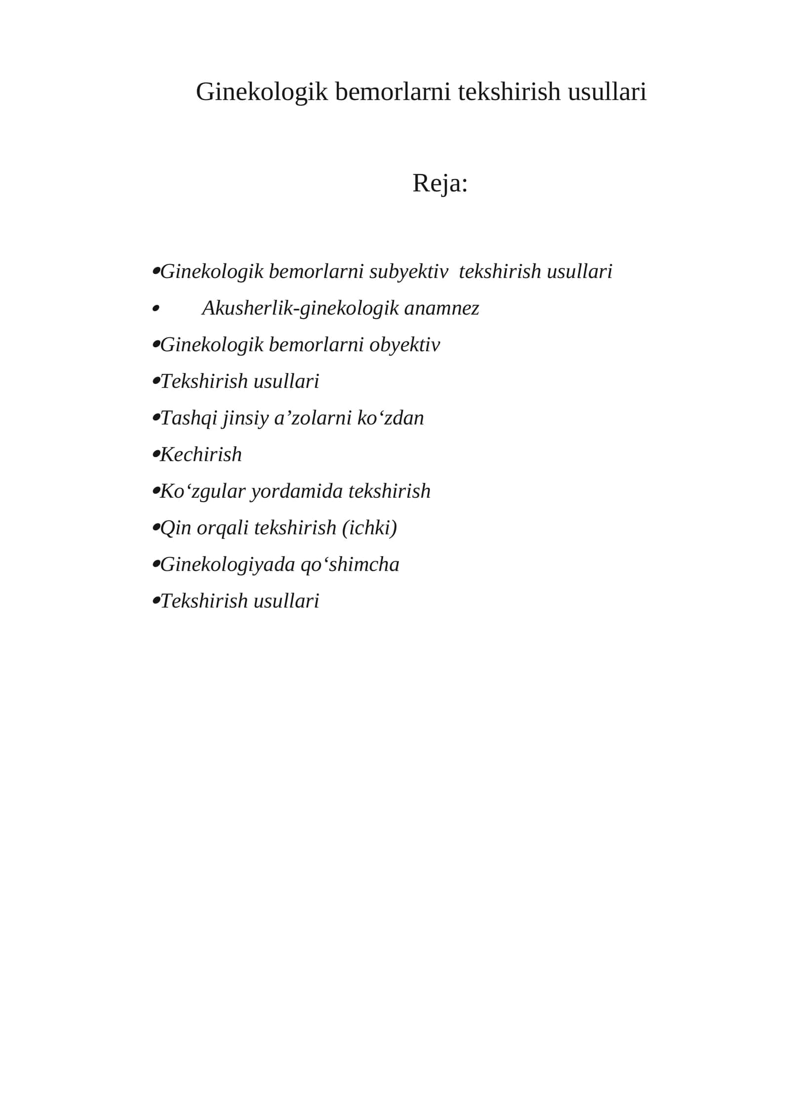 Ginekologik bemorlarni tekshirish usullari 1