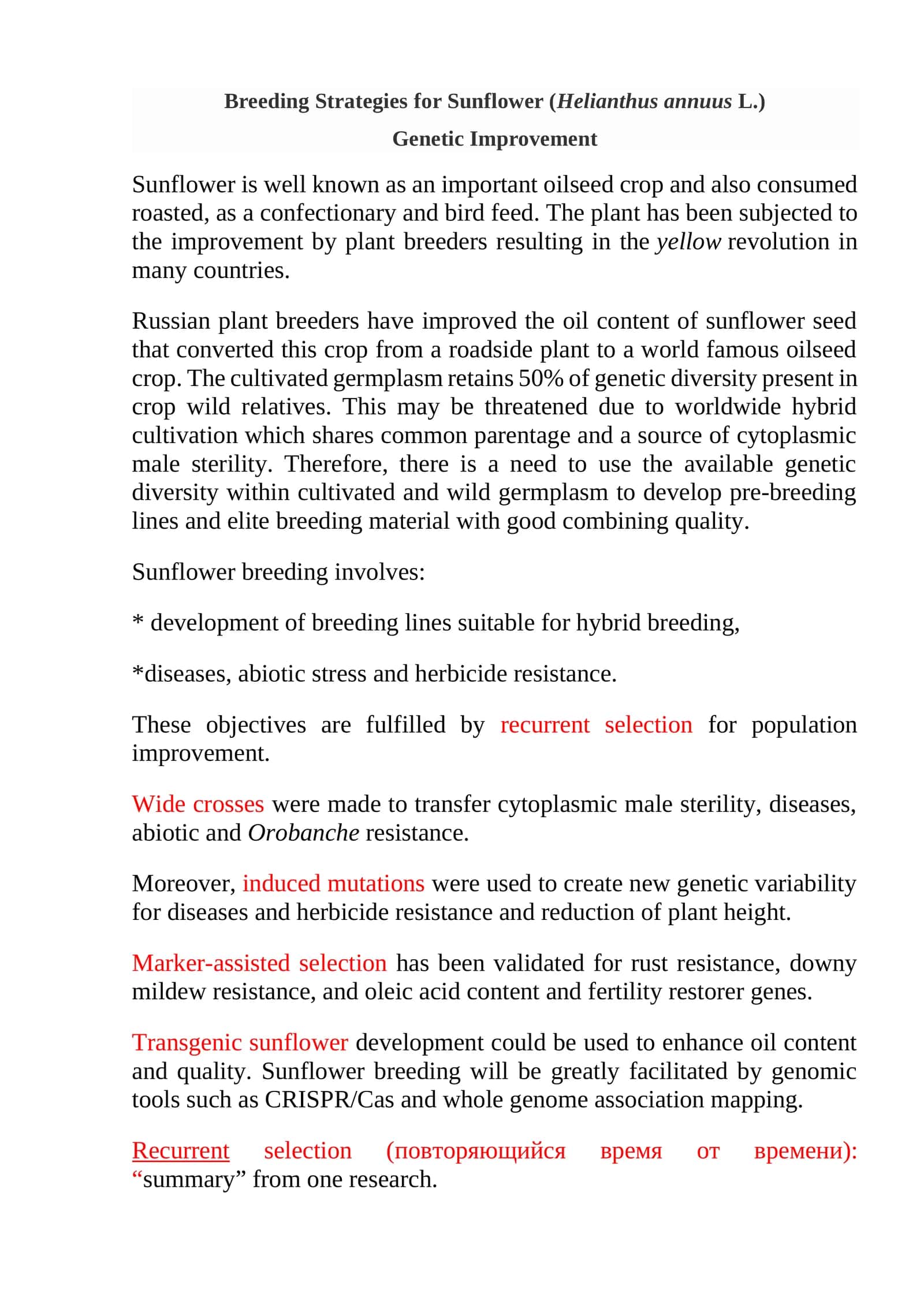 Breeding Strategies for Sunflower (Helianthus annuusL.) 1