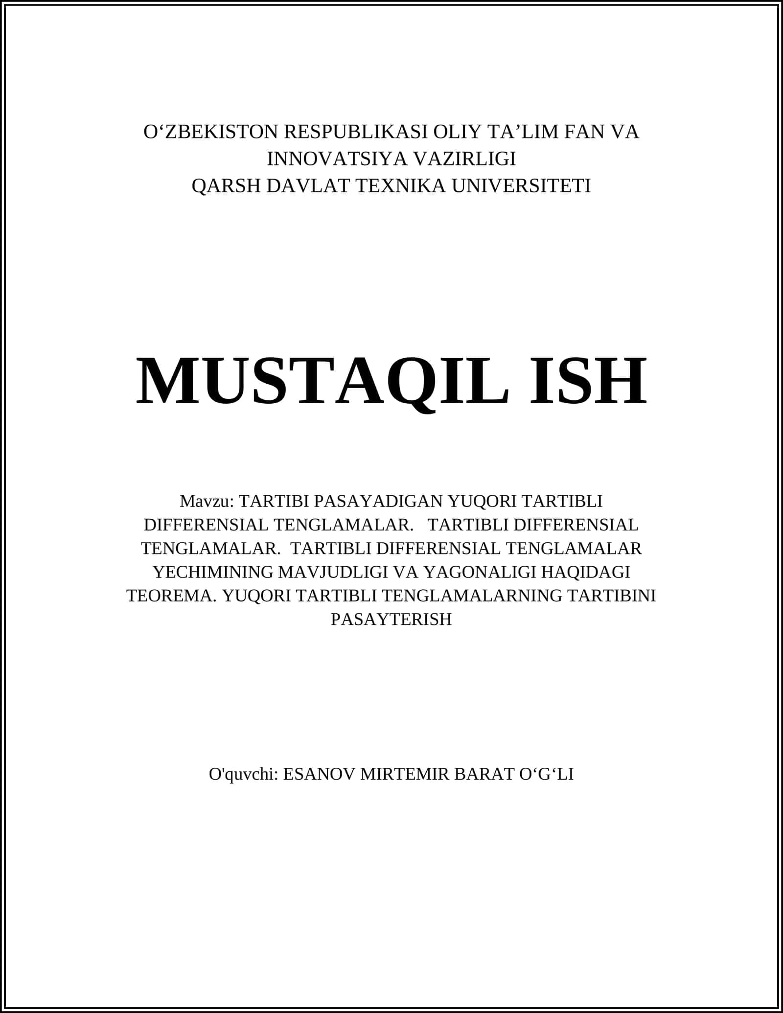 TARTIBI PASAYADIGAN YUQORI TARTIBLI DIFFERENSIAL TENGLAMALAR 1