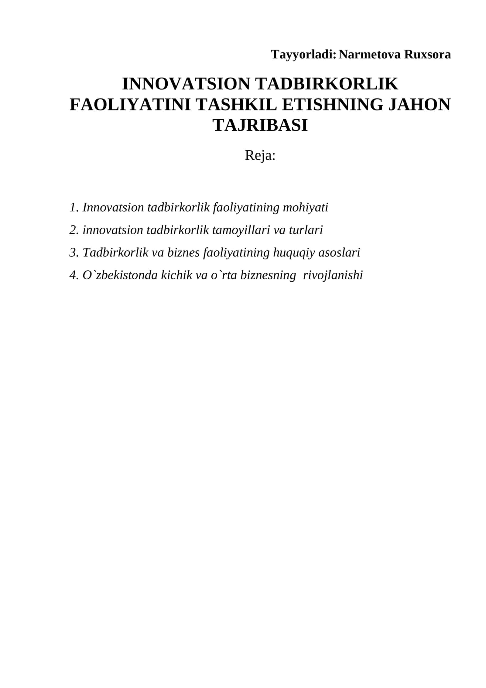 Innovatsion Tadbirkorlik Faoliyatini Tashkil Etishning Jahon Tajribasi 1