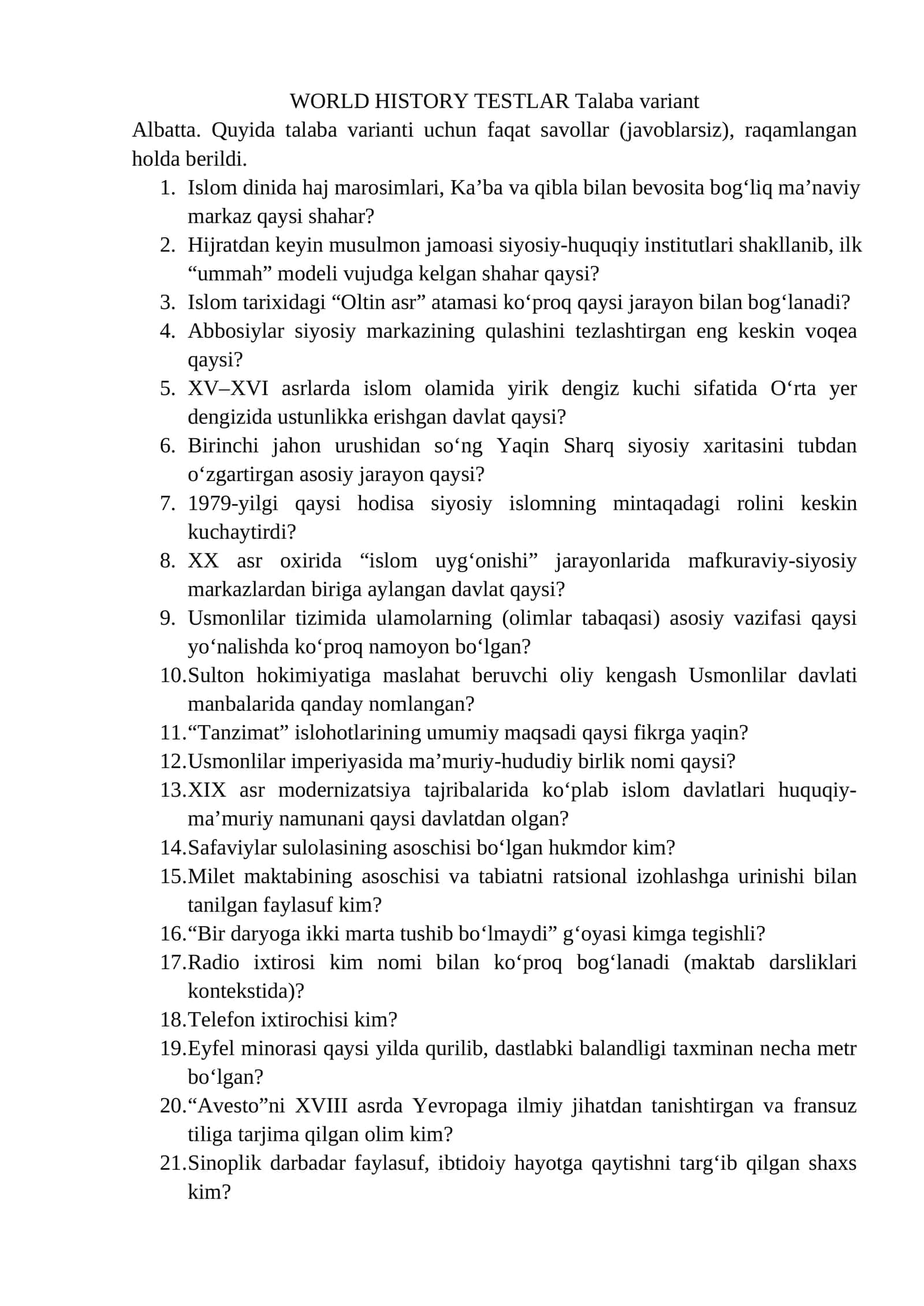 DUNYO TARIXI TESTLARI Talaba varianti 1
