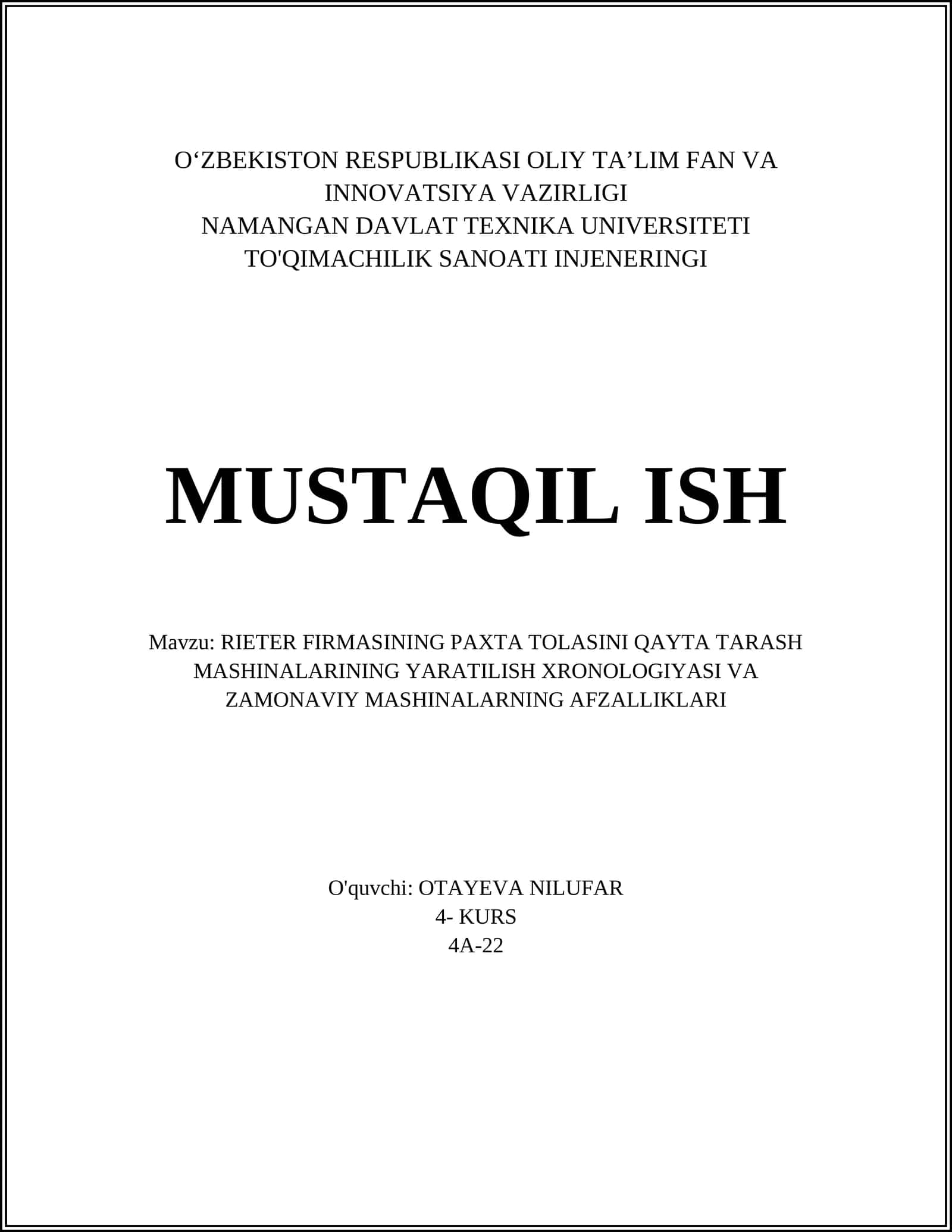 RIETER FIRMASINING PAXTA TOLASINI QAYTA TARASH MASHINALARI 1