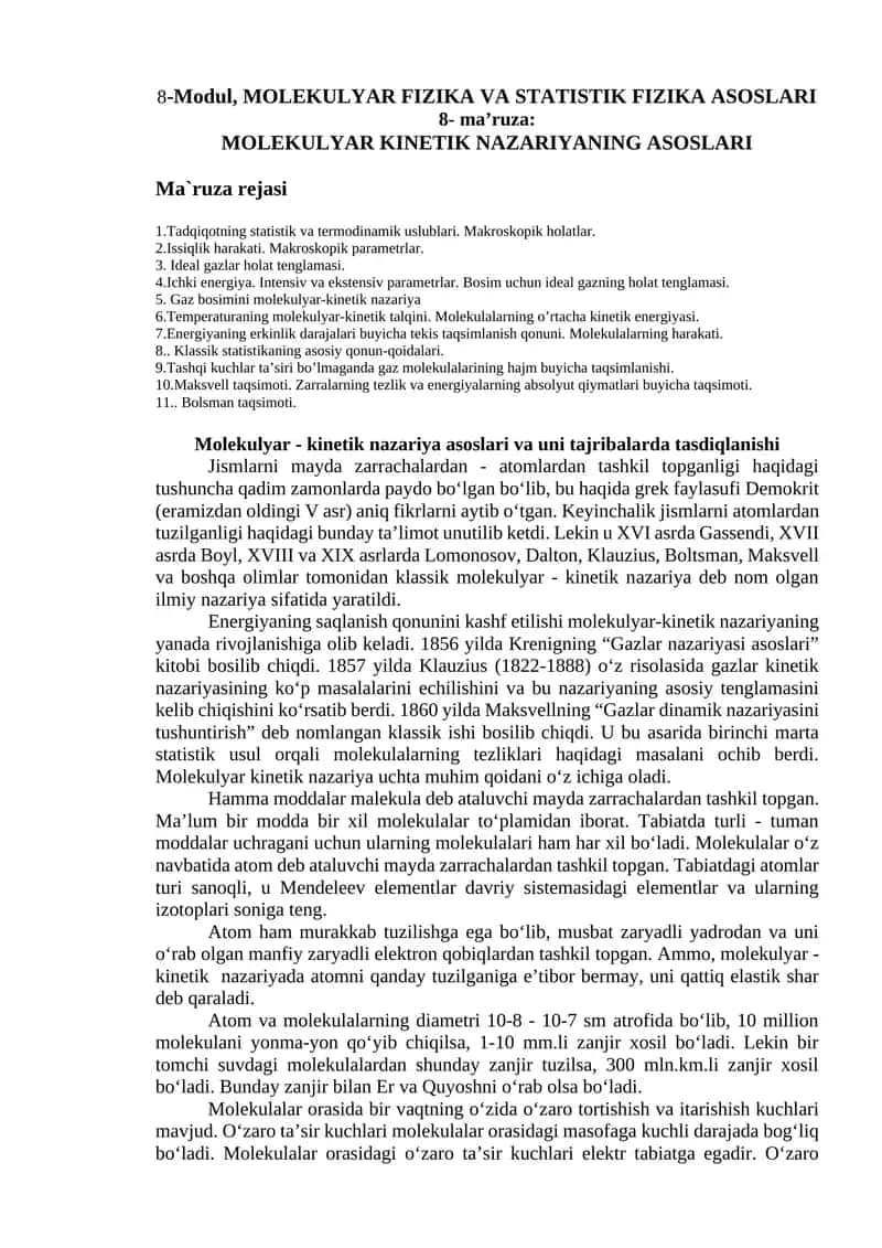 MOLEKULYAR FIZIKA VA STATISTIK FIZIKA ASOSLARI 1