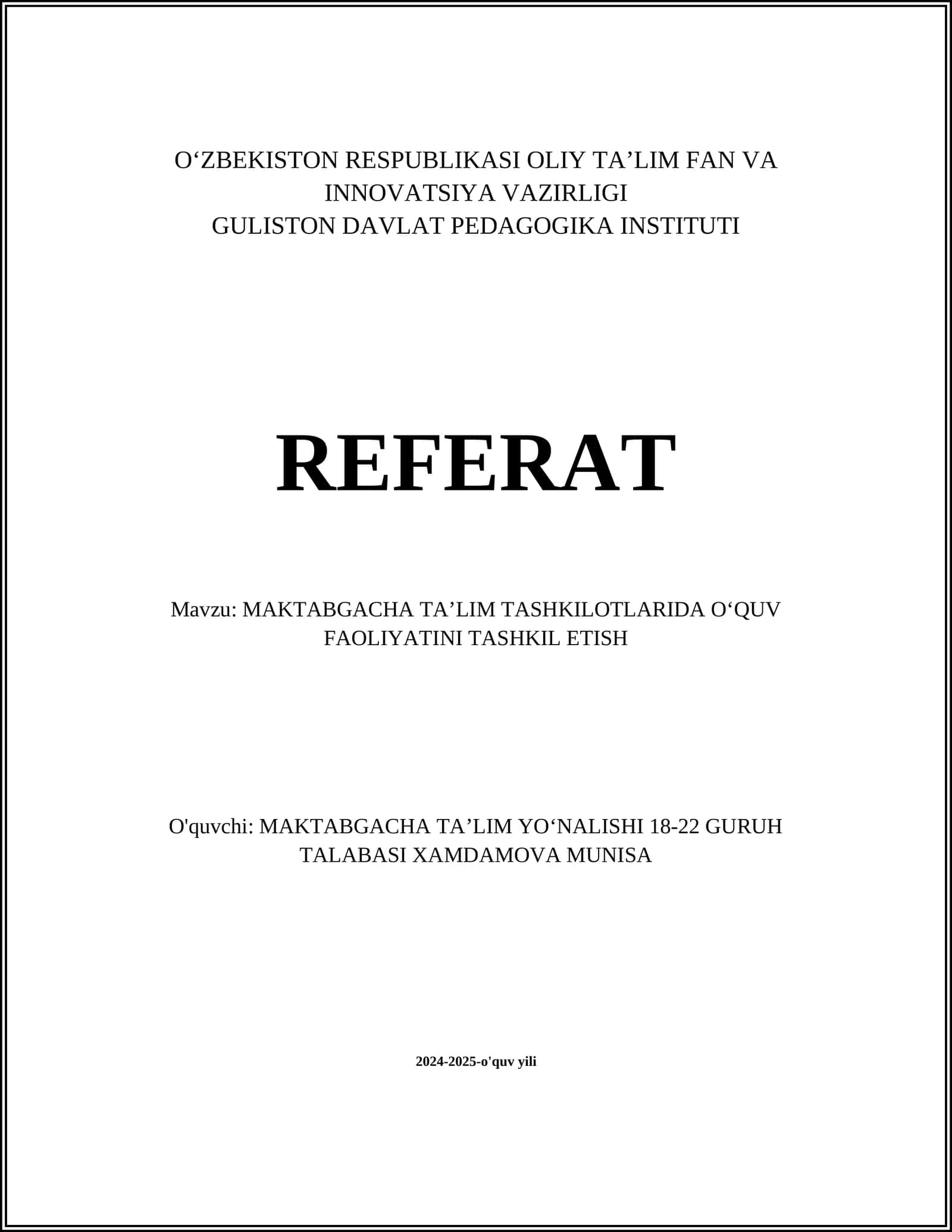 Maktabgacha ta'limda dars rejalashtirish 1