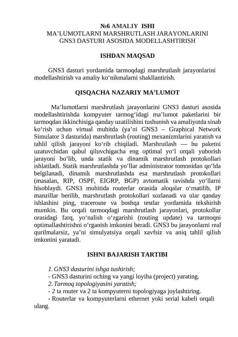 Ma’lumotlarni Marshrutlash Jarayonlarini GNS3 Dasturi Asosida Modellashtirish