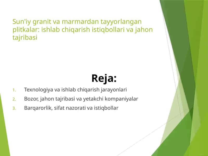 Sun'iy granit va marmardan tayyorlangan plitkalar ishlab chiqarish istiqbollari va jahon tajribasi 1