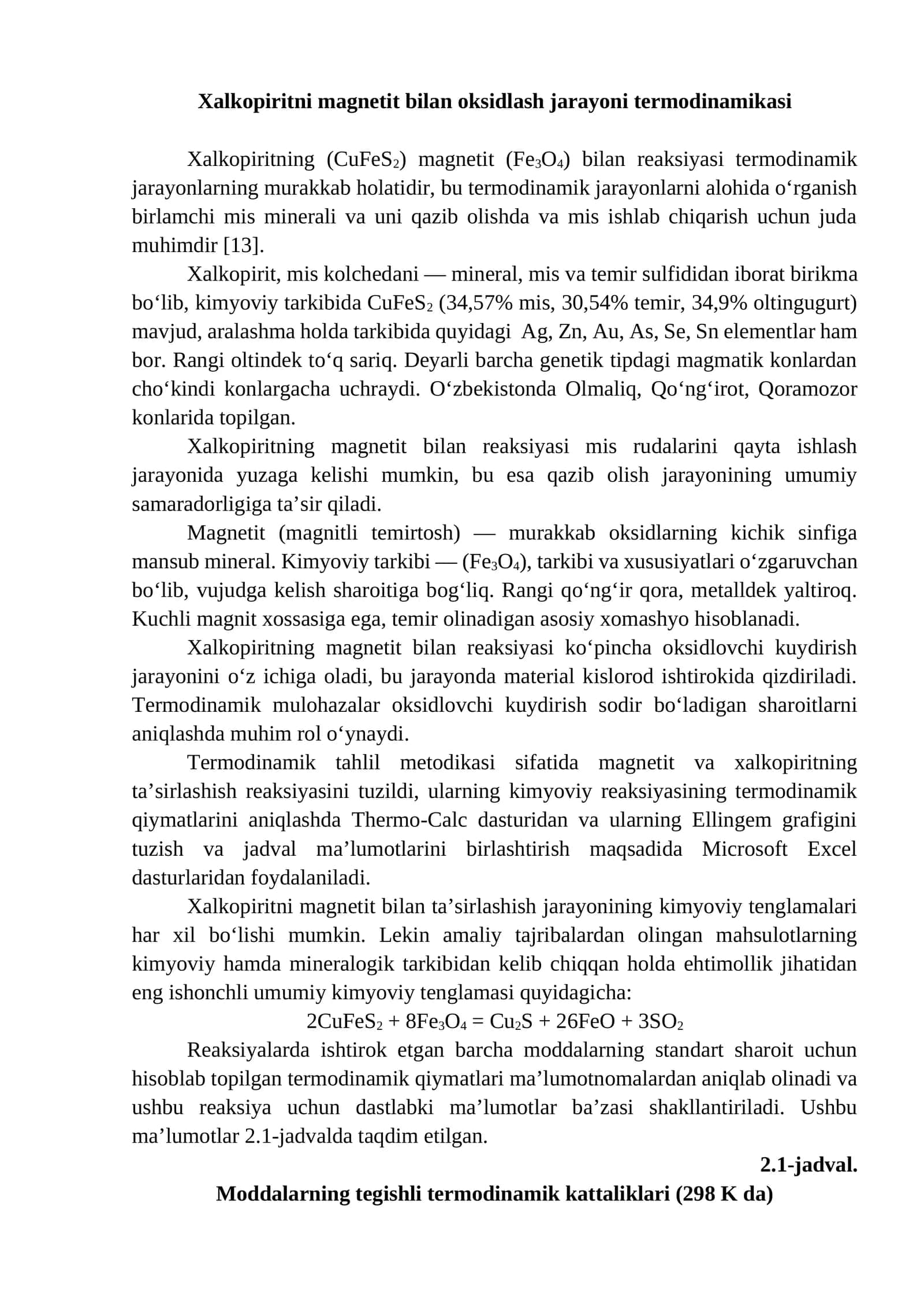 Xalkopiritni magnetit bilan oksidlash jarayoni termodinamikasi 1