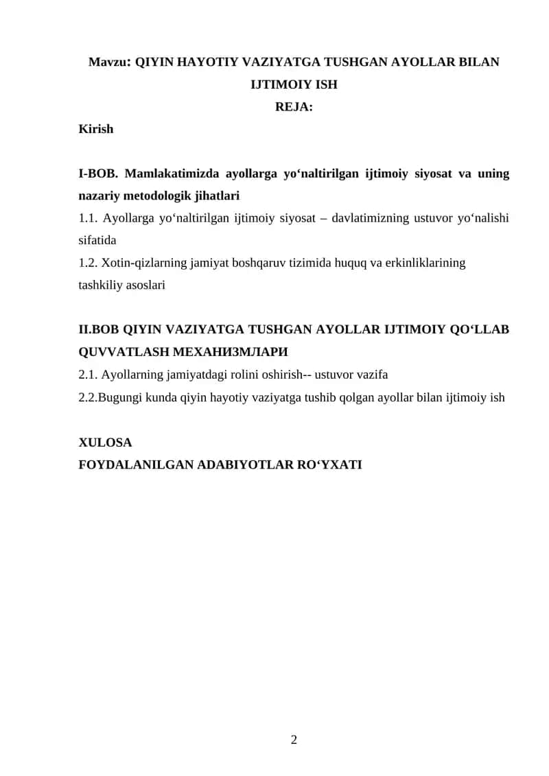 QIYIN HAYOTIY VAZIYATGA TUSHGAN AYOLLAR BILAN IJTIMOIY ISH 1