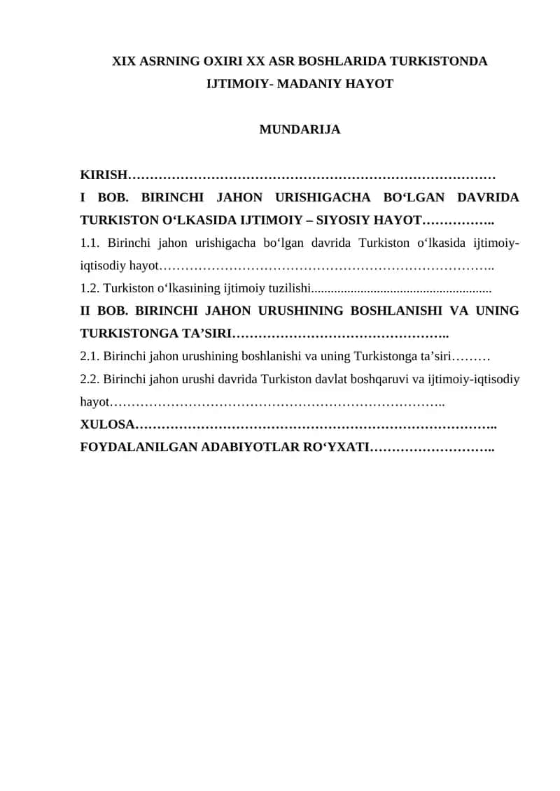 XIX ASRNING OXIRI XX ASR BOSHLARIDA TURKISTONDA IJTIMOIY- MADANIY HAYOT 1