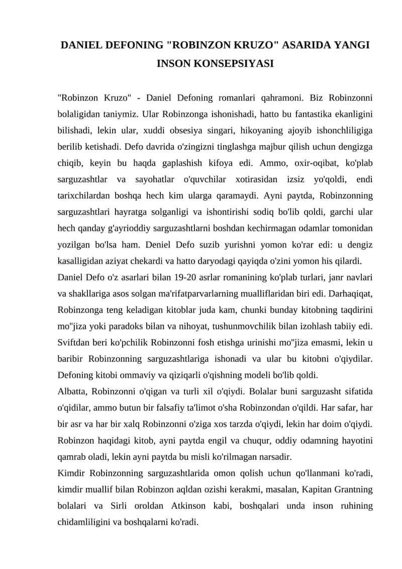"Robinzon Kruzo" asarida yangi inson konsepsiyasi 1