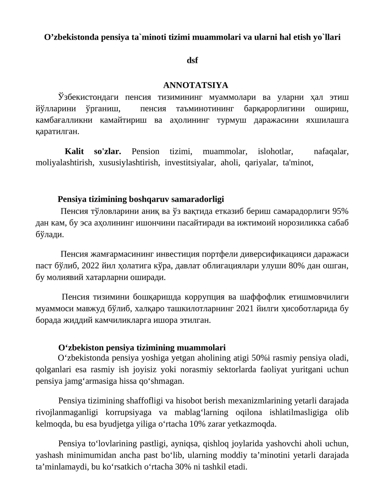 O'zbekistonda pensiya ta'minoti tizimi muammolari va ularni hal etish yo'llari 1