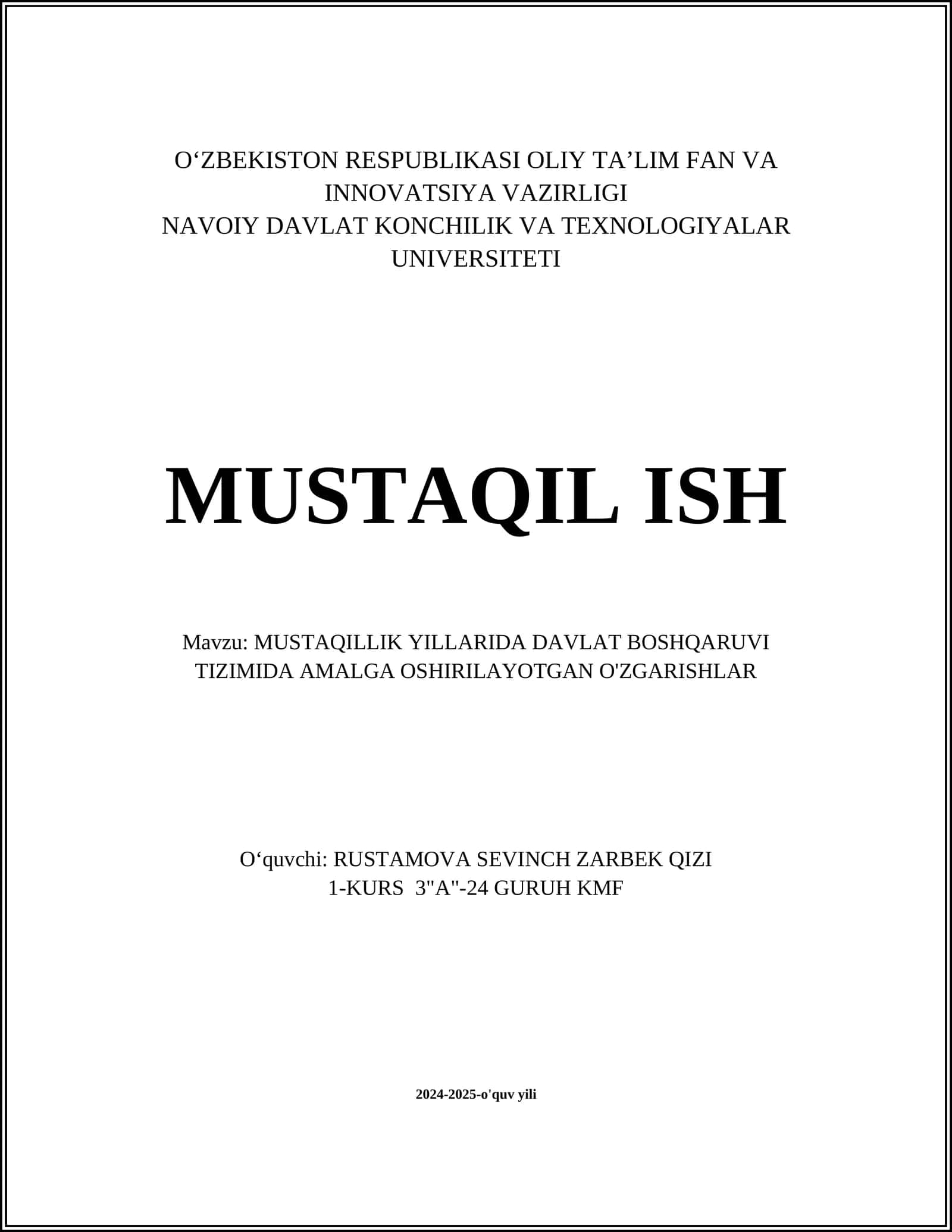 MUSTAQILLIK YILLARIDA DAVLAT BOSHQARUVI TIZIMIDA AMALGA OSHIRILAYOTGAN O'ZGARISHLAR 1