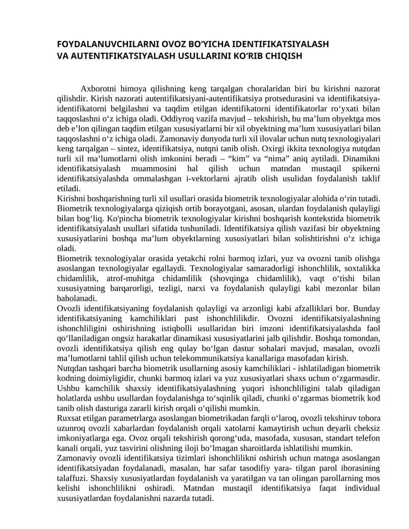 Foydalanuvchilarni ovoz bo‘yicha identifikatsiyalash va autentifikatsiyalash usullarini ko‘rib chiqish 1