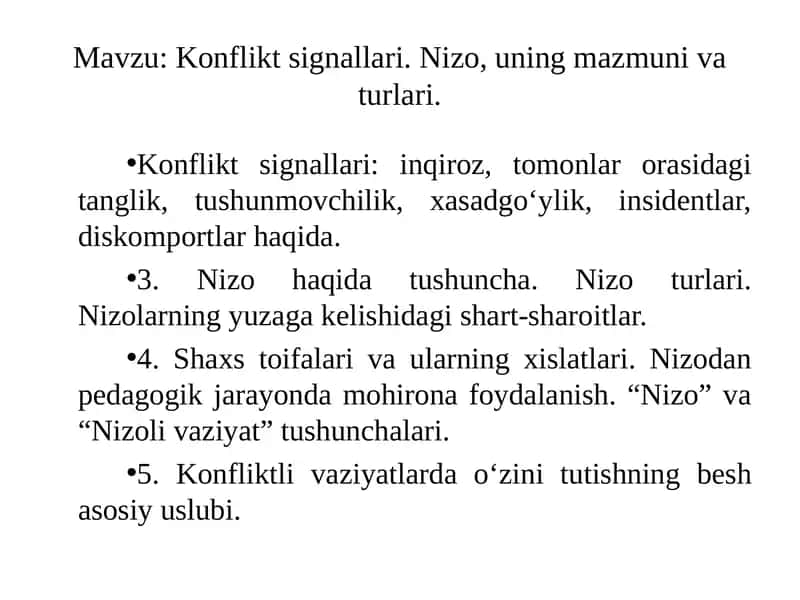 Konfliktsignallari. Nizo, uning mazmuni va turlari 1