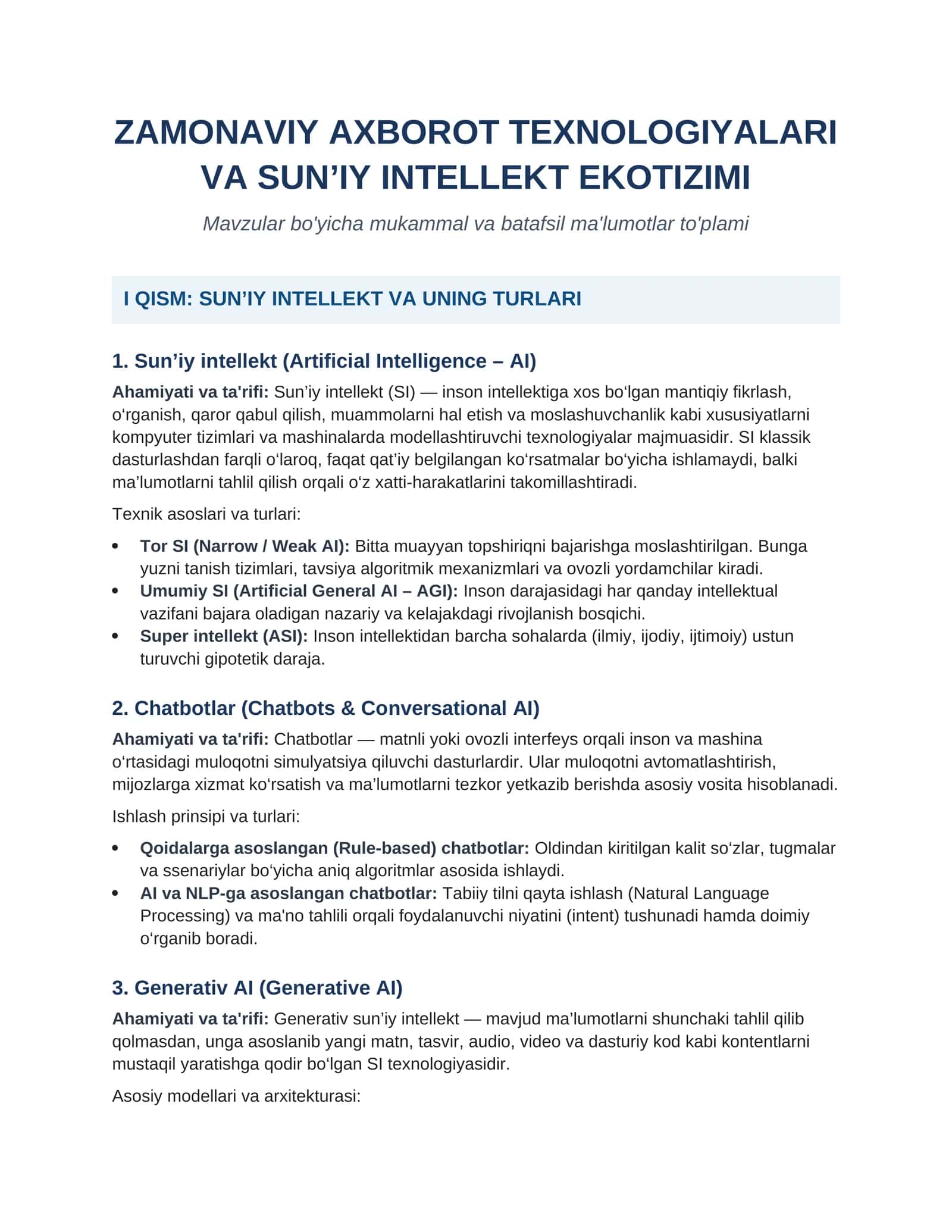 ZAMONAVIY AXBOROT TEXNOLOGIYALARI VA SUN’IY INTELLEKT EKOTIZIMI 1
