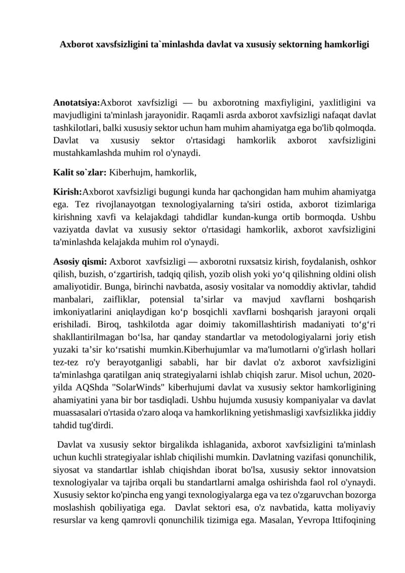 Axborot xavsfsizligini ta`minlashda davlat va xususiy sektorning hamkorligi 1