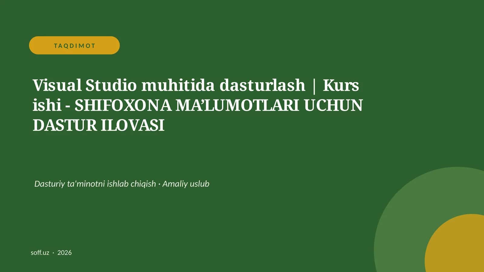 Visual Studio muhitida dasturlash | Kurs ishi - SHIFOXONA MA’LUMOTLARI UCHUN DASTUR ILOVASI 1