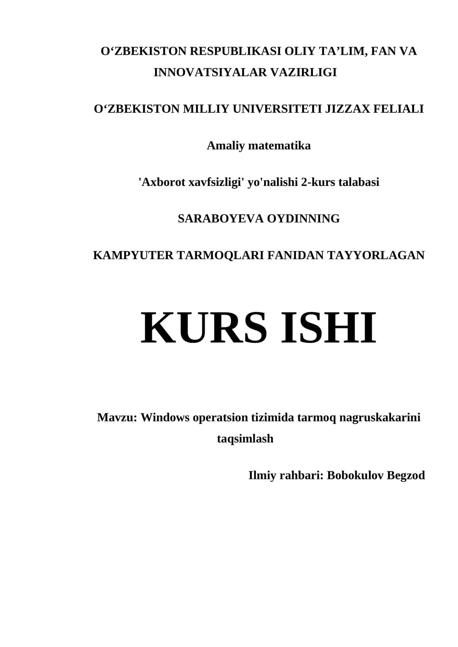 KAMPYUTER TARMOQLARI FANIDAN TAYYORLAGAN KURS ISHI 1