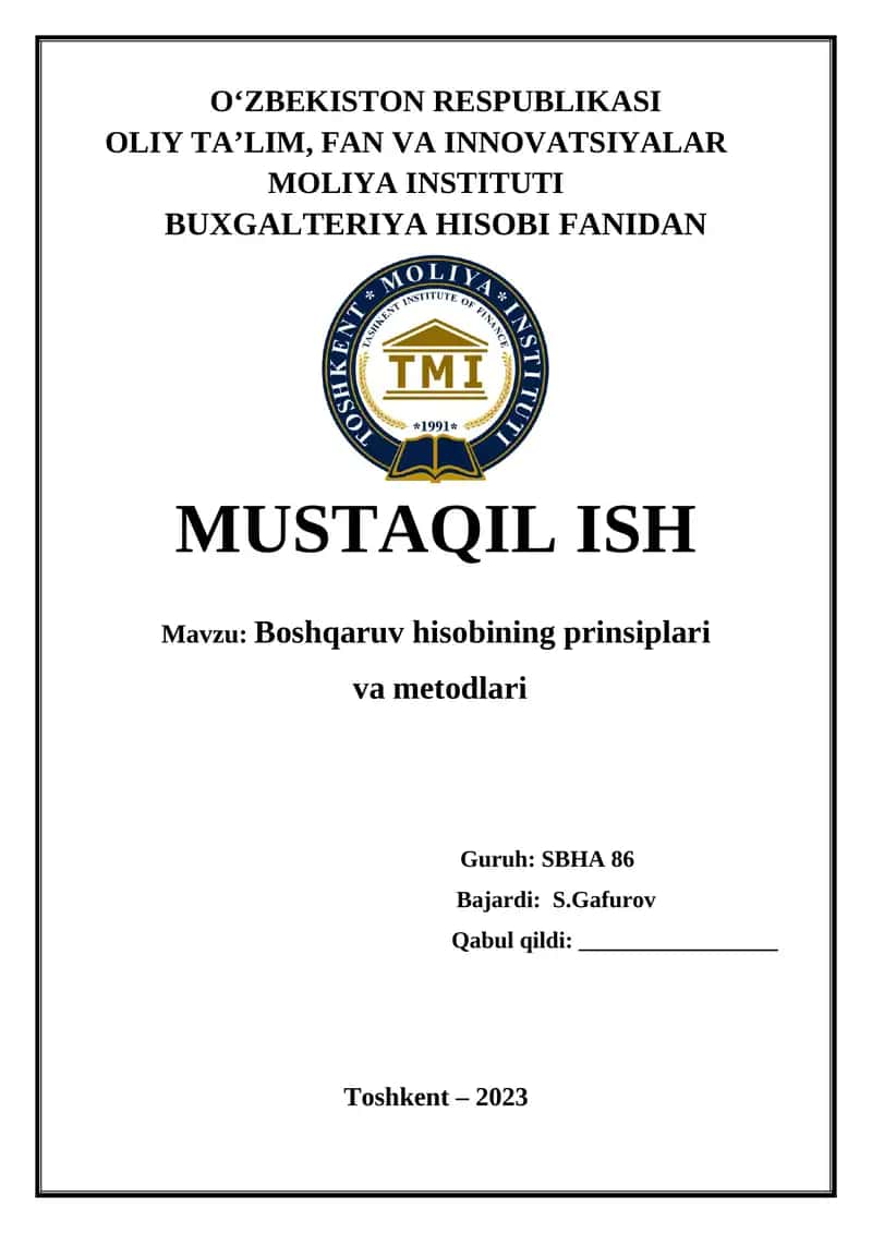 Boshqaruv hisobining prinsiplari va metodlari 1