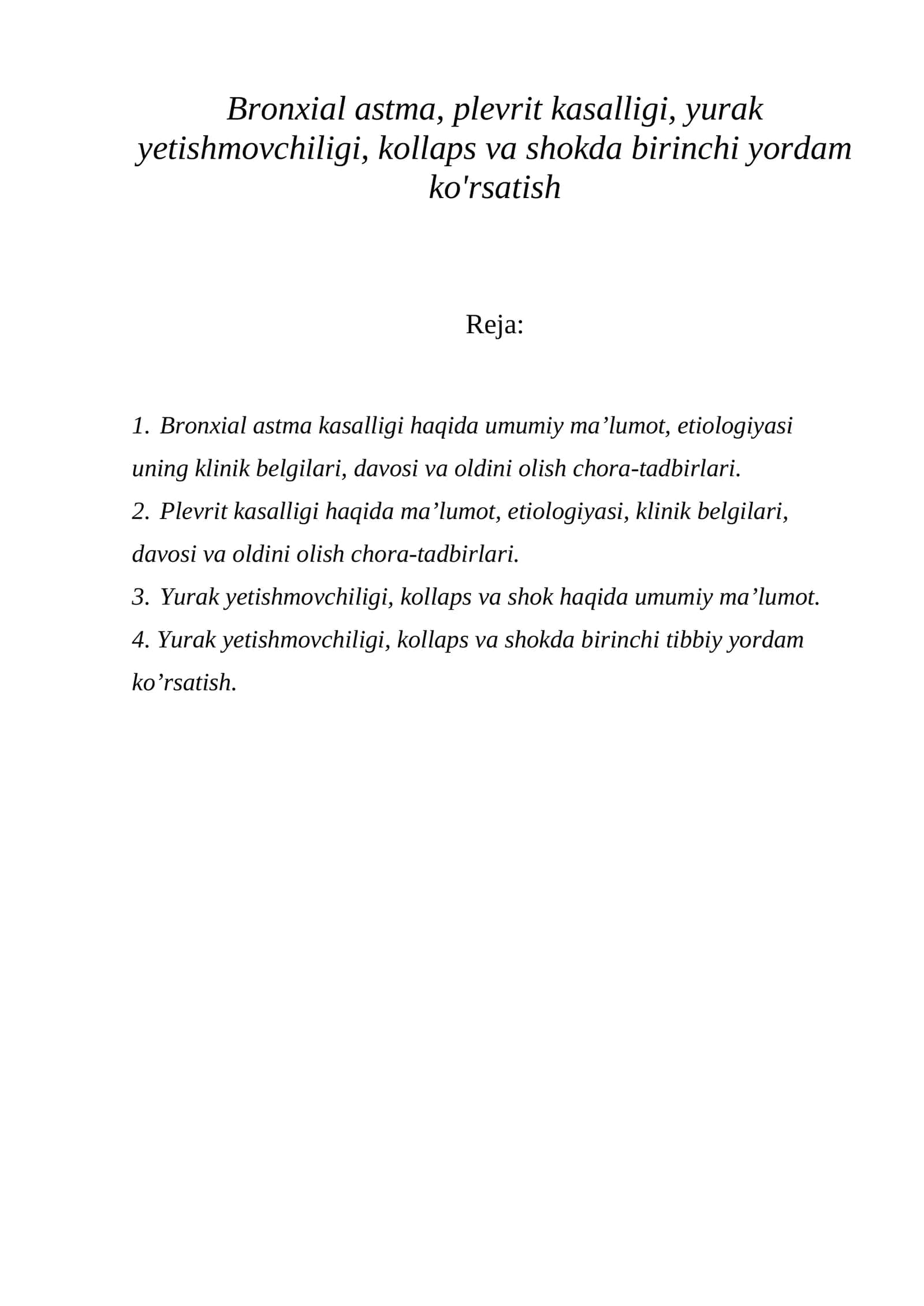Bronxial astma, plevrit kasalligi, yurak yetishmovchiligi, kollaps va shokda birinchi yordam ko'rsatish 1