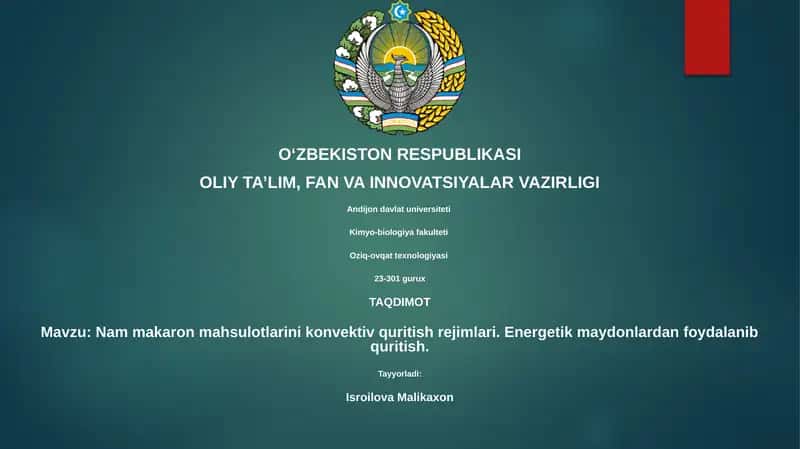 Nam makaron mahsulotlarini konvektiv quritish rejimlari 1