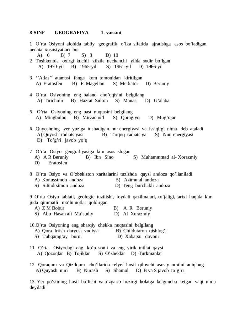 Test 8-sinf GEOGRAFIYA 1