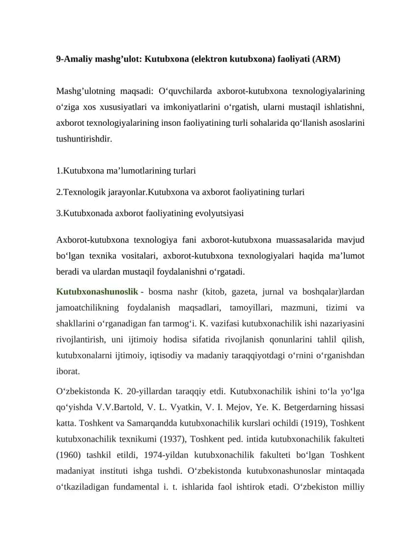 Kutubxona (elektron kutubxona) faoliyati (ARM) 1