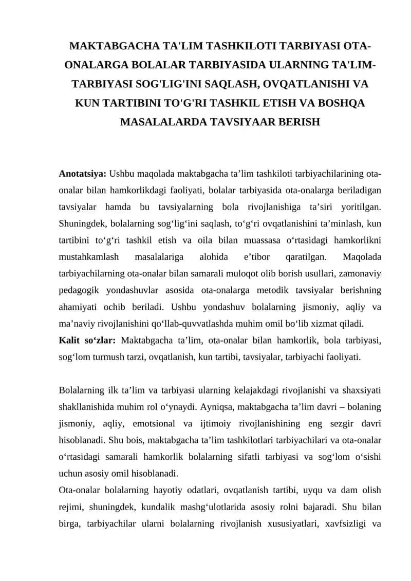 MAKTABGACHA TA'LIM TASHKILOTI TARBIYASI 1