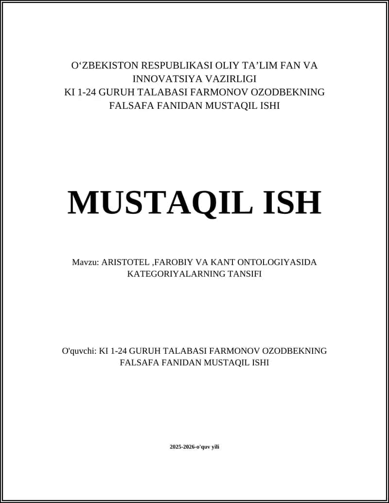ARISTOTEL,FAROBIY VA KANT ONTOLOGIYASIDA KATEGORIYALARNING TANSIFI 1