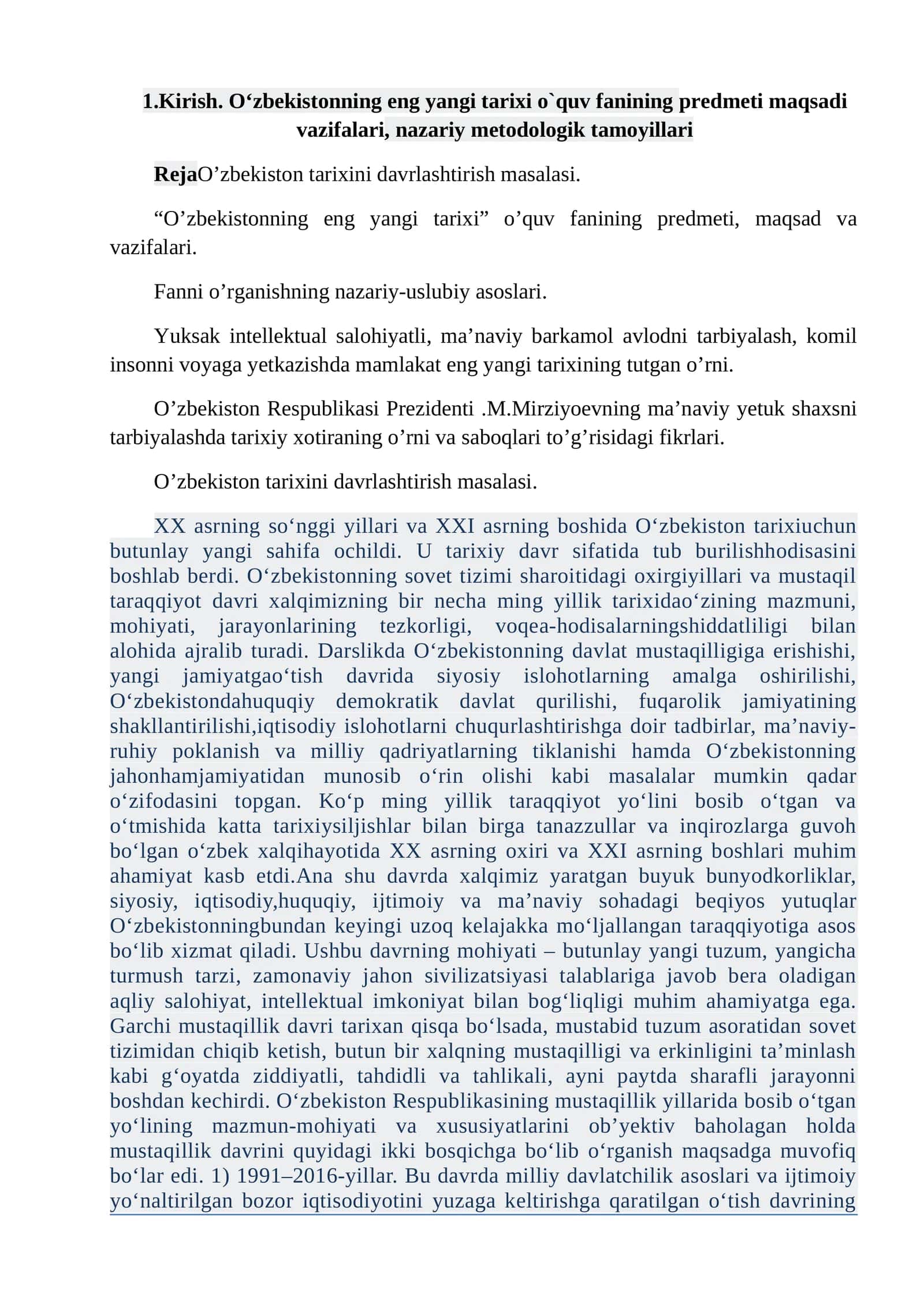 O‘zbekistonning eng yangi tarixi o`quv fanining predmeti, maqsadi vazifalari, nazariy metodologik tamoyillari 1