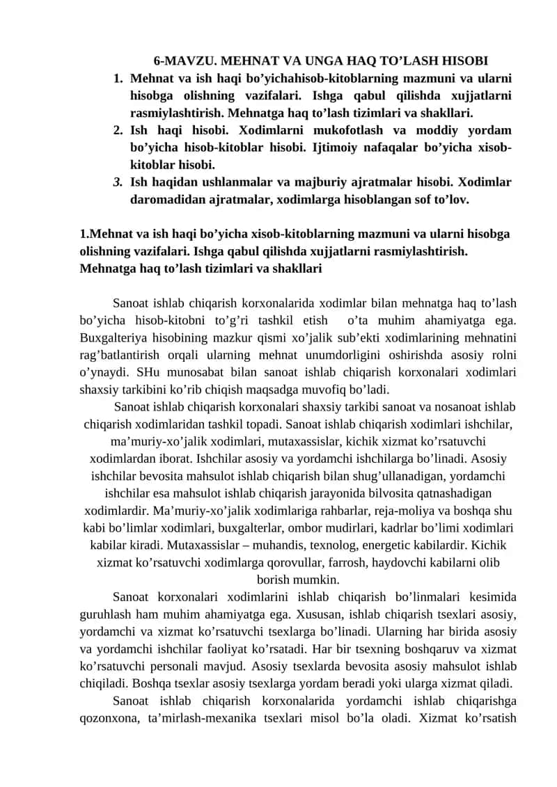 Mehnat va ish haqi bo’yicha xisob-kitoblarning mazmuni va ularni hisobga olishning vazifalari 1