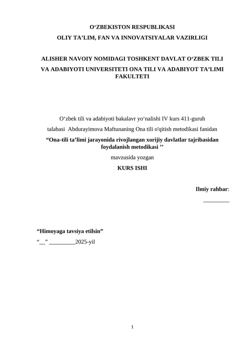 "Ona-tili ta’limi jarayonida rivojlangan xorijiy davlatlar tajribasidan foydalanish metodikasi" 1