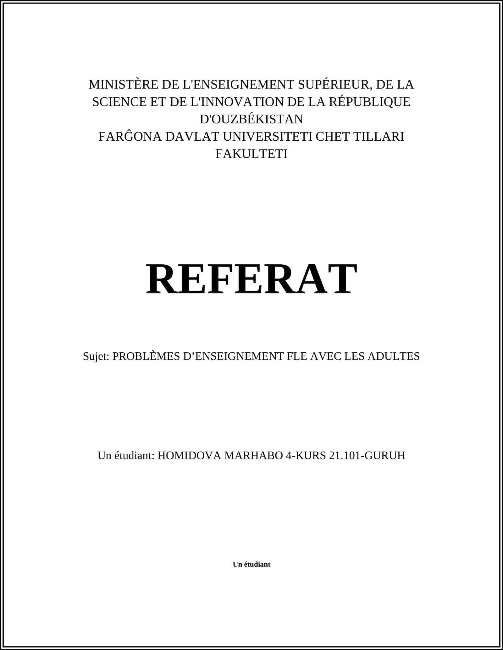 REFERAT: PROBLÈMES D’ENSEIGNEMENT FLE AVEC LES ADULTES 1
