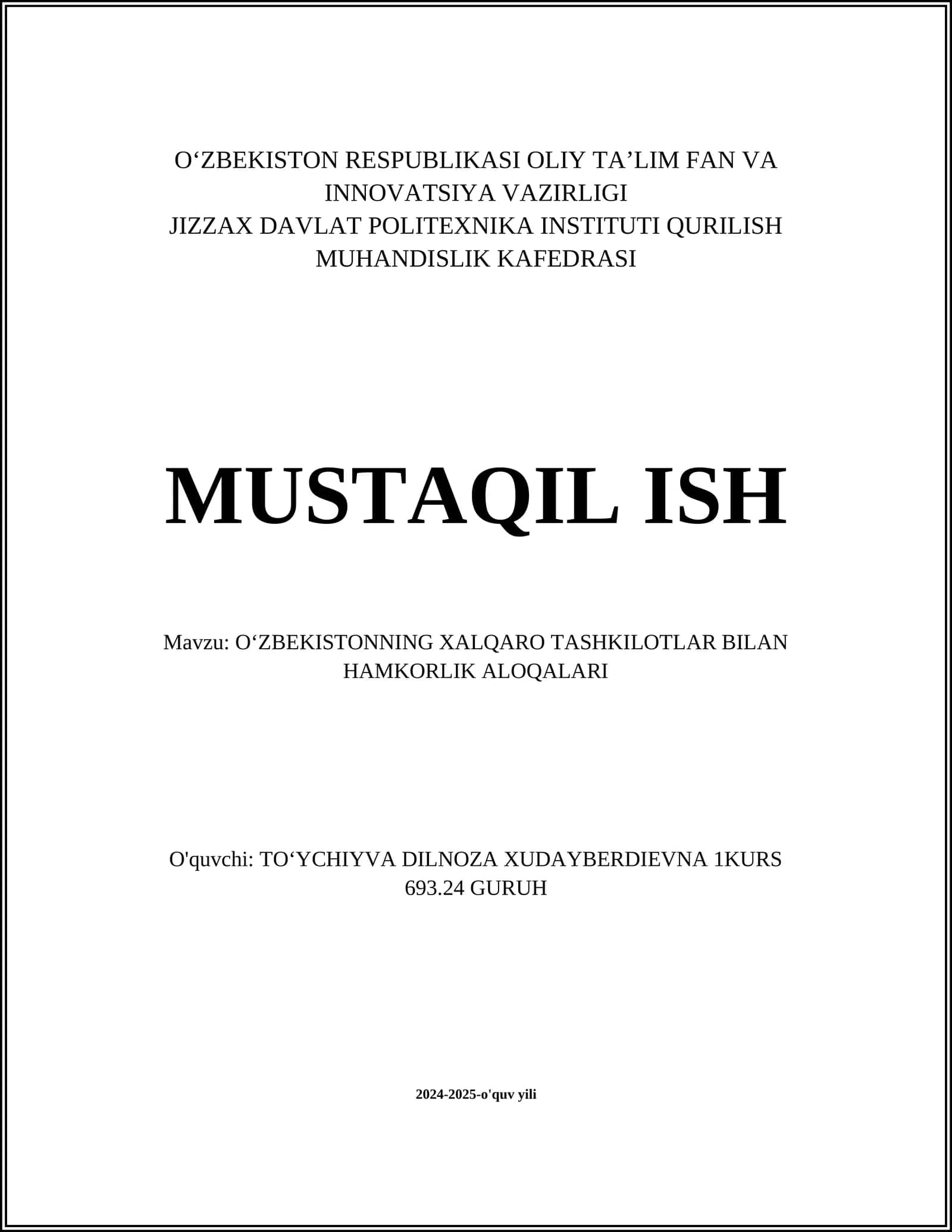 O‘ZBEKISTONNING XALQARO TASHKILOTLAR BILAN HAMKORLIK ALOQALARI 1