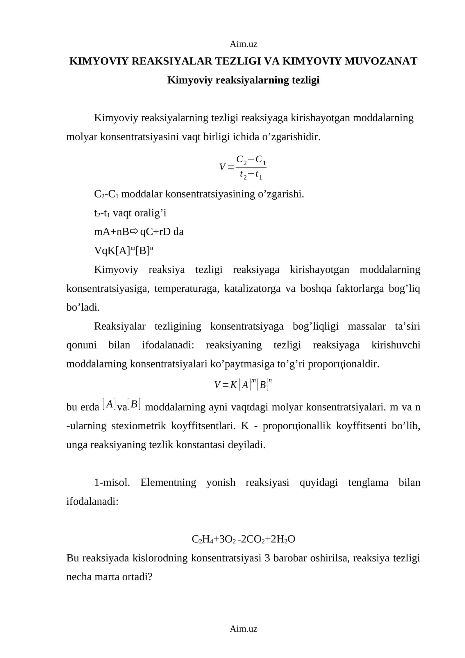 KIMYOVIY REAKSIYALAR TEZLIGI VA KIMYOVIY MUVOZANAT 1