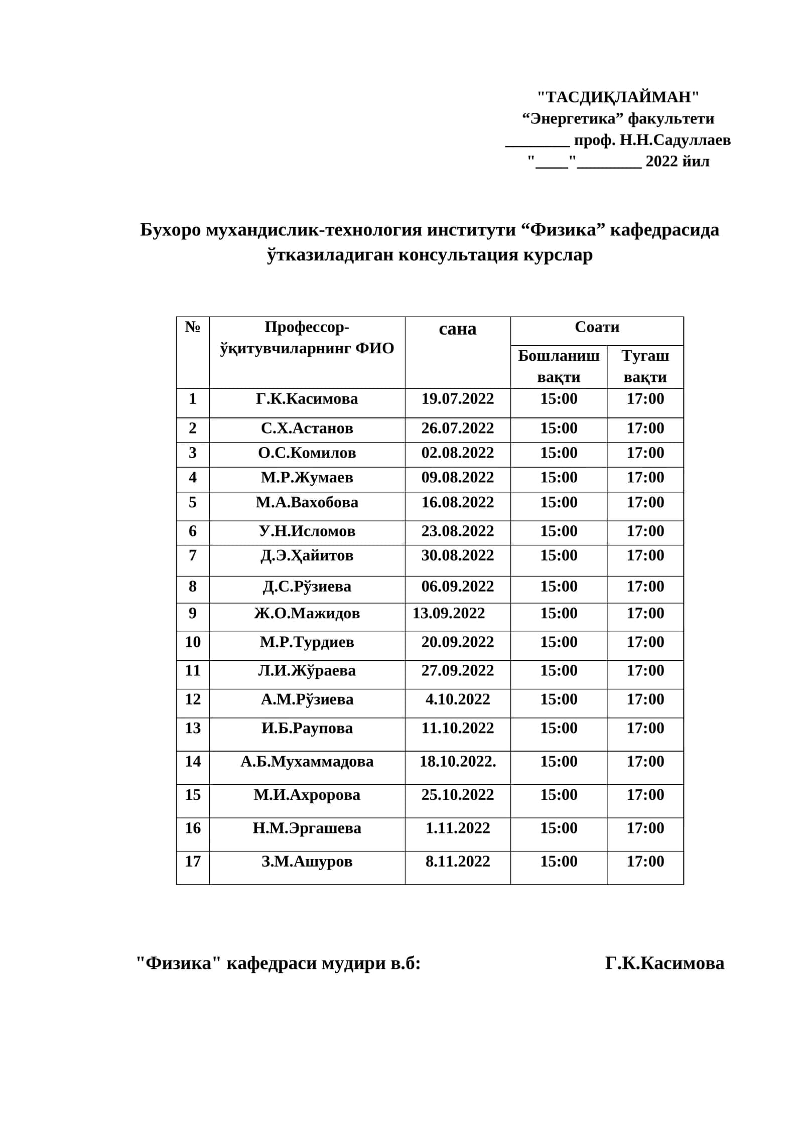 "Физика" кафедрасида ўтказиладиган консультация курслар 1