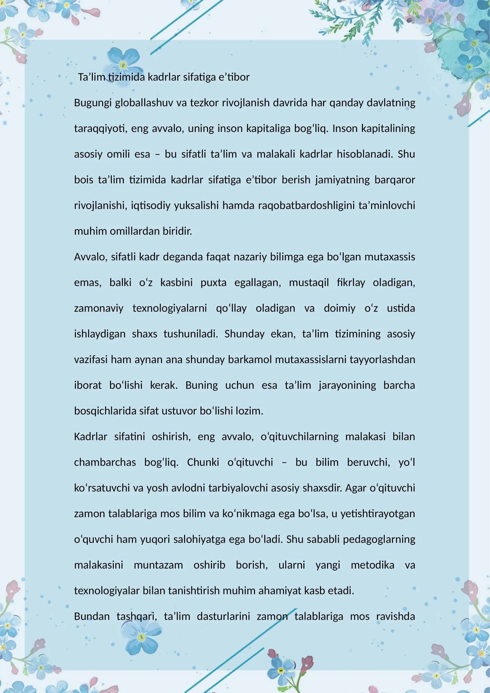 Ta’lim tizimida kadrlar sifatiga e’tibor 1